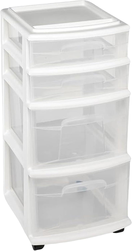 HOMZ Drawer Tower, 4-Tier Clear Plastic Storage Organizer Cart, White Frame - Rolling Drawers with Wheels for Desk, Dresser, Cabinet, Bedroom, Bathroom, Classroom, and Office Organization