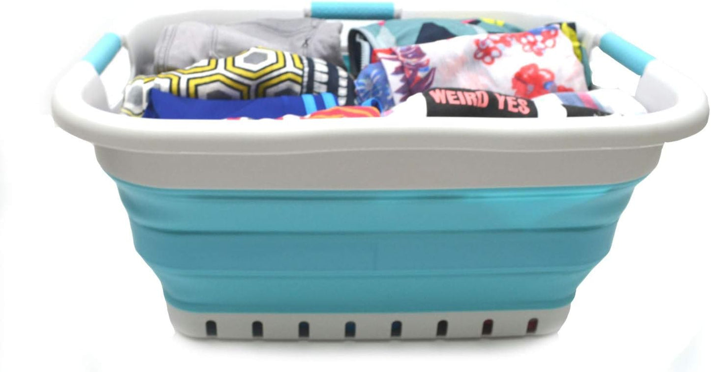 SAMMART 41L (10.8 gallon) Collapsible Plastic Laundry Basket - Foldable Pop Up Storage Container/Organizer - Portable Washing Tub - Space Saving Hamper/Basket (3 handled rectangular, Grey/Bright Blue)