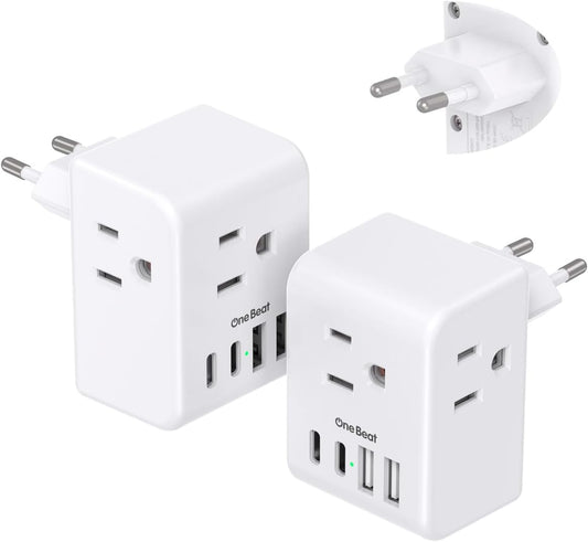 2 Pack European Travel Plug Adapter, International Power Plug Adapter with 3 Outlets 4 USB Charging Ports(2 USB C), Type C Plug Adapter Travel Essentials to Most Europe EU Spain Italy France Germany
