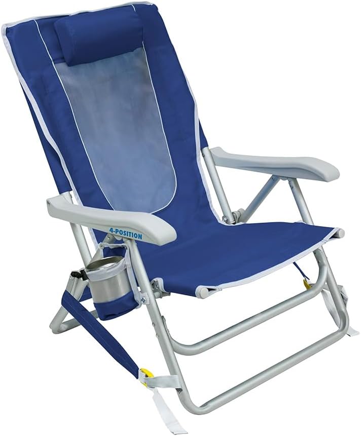 GCI Outdoor Sunshade Backpack Beach Chair | Reclining Folding Canopy Chair with Durable Armrests, Drink Holder & Carry Straps, Perfect for Beach Trips & Picnics — Saybrook Blue