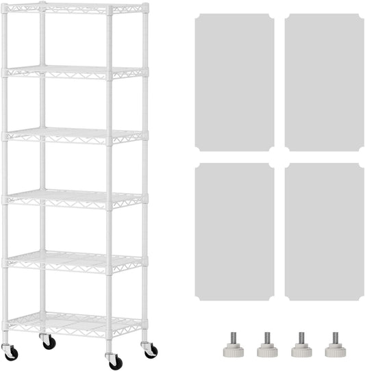 SINGAYE 6 Small Shelf Storage Wire Shelves Closet Bathroom Organizers Metal Pantry Kitchen Garage Shelving Unit Laundry Room Organization Home Narrow Rack Net Basket with Wheels White