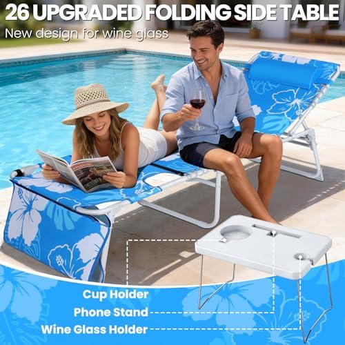 KingSom Sun Tanning Chair with Face Hole,Beach Lounge Chair with Folding Side Table,6-Position Recliner Chaise Lounge Chair,Pool Lounge Chair Outdoor Lay Flat with Pillow & Pocket,Max 350lbs-White
