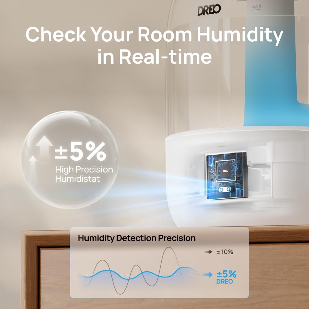 DREO Humidifiers for Bedroom, 3L Top Fill 30H & 26dB Quiet Runtime for Large Room, Cool Mist Ultrasonic Humidifier with Humidity Sensor, Night Light for Home, Baby, Nursery, Plants, New Edition