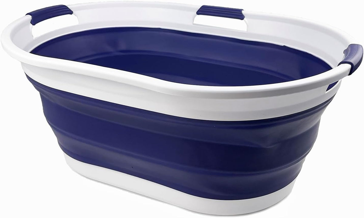 SAMMART 44L (11.6 Gallon) Collapsible Plastic Laundry Basket - Foldable Pop Up Storage Container/Organizer - Portable Washing Tub - Water Capacity: 35L(9.2 Gallon) (1, White/Navy Blue)