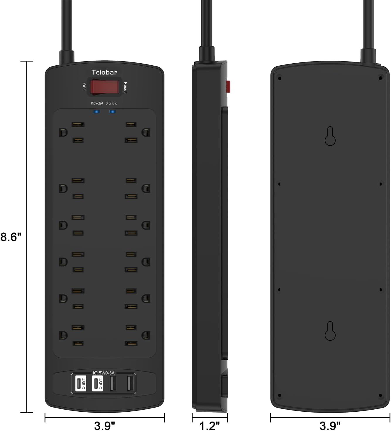 6 Ft Extension Cord Power Strip, Teiobar Surge Protector with 12 AC Outlets and 4 USB Ports for Home, Office, Dorm Essentials, 2700 Joules, ETL Listed, Black