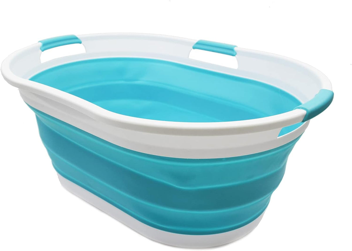 SAMMART 44L Collapsible Plastic Laundry Basket - Foldable Pop Up Storage Container/Organizer - Portable Washing Tub - Water Capacity: 35L (1, White/Bright Blue), Size : 25.4 x 17.8 x 10.6 inches
