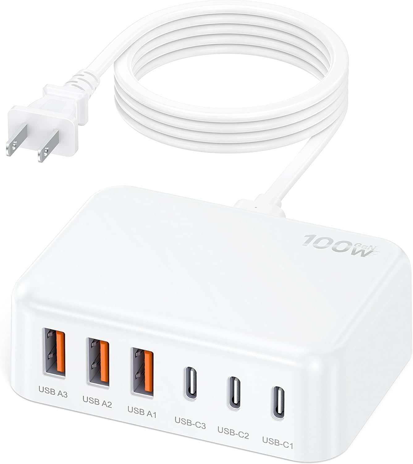6 in 1 USB Charger, 50% Smaller Charging Station for Multiple Devices, 100W Fast Charging Blocks with Type C Ports, USB Charging Hub Organizer Multiport Power Strip for iPhone, Ipad, Kindle, Travel