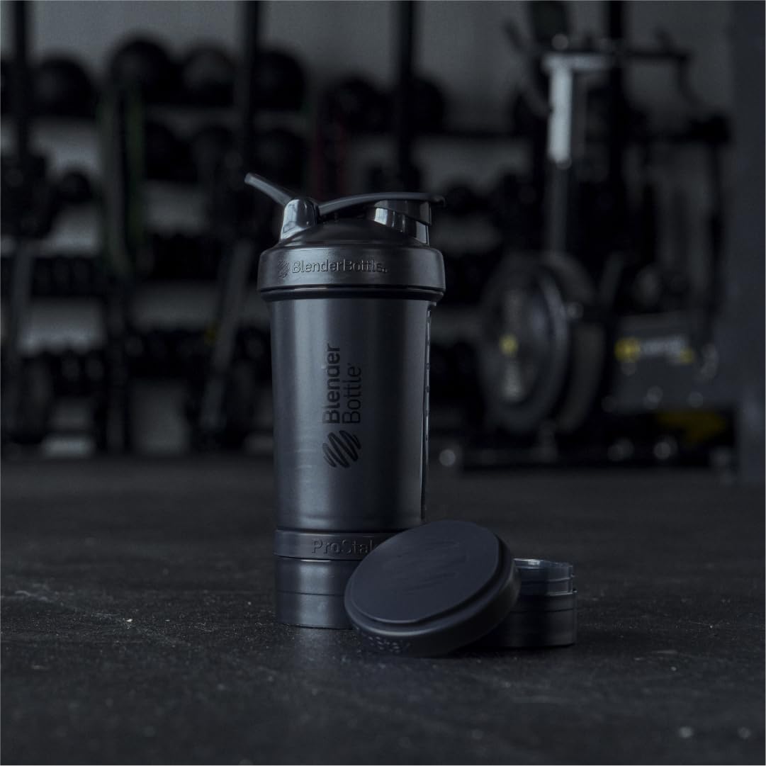 BlenderBottle Shaker Bottle with Pill Organizer and Storage for Protein Powder, Classic V2 ProStak System, 22-Ounce, Midnight Black
