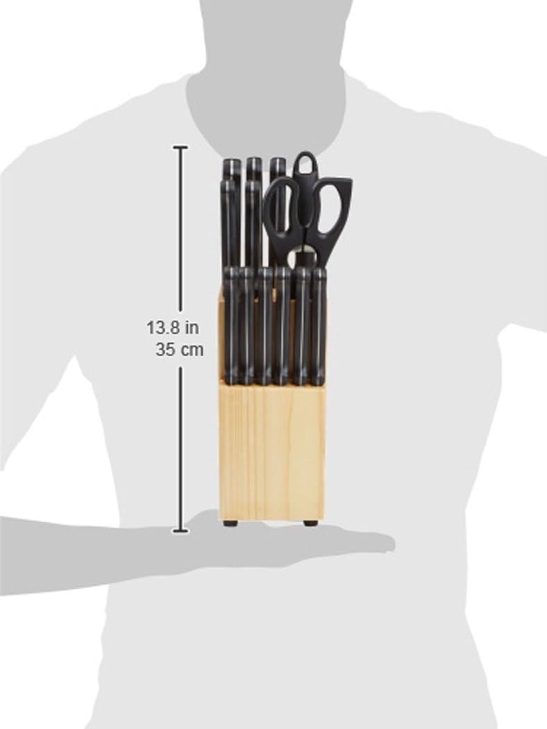 Amazon Basics 14-Piece High Carbon Stainless Steel Kitchen Knife Set with Full Tang Construction, Ergonomic Handles, Sharpener and Pinewood Block, Black