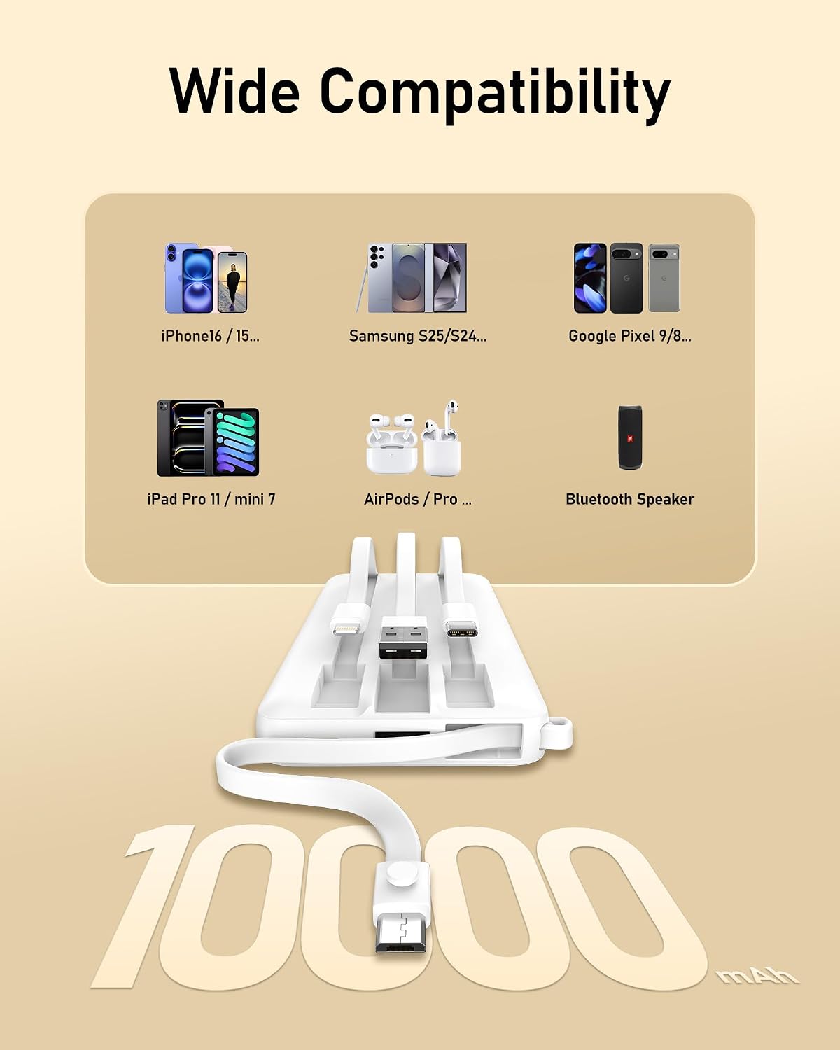VEEKTOMX 10000mAh Portable Charger with 4 Built-in Cables
