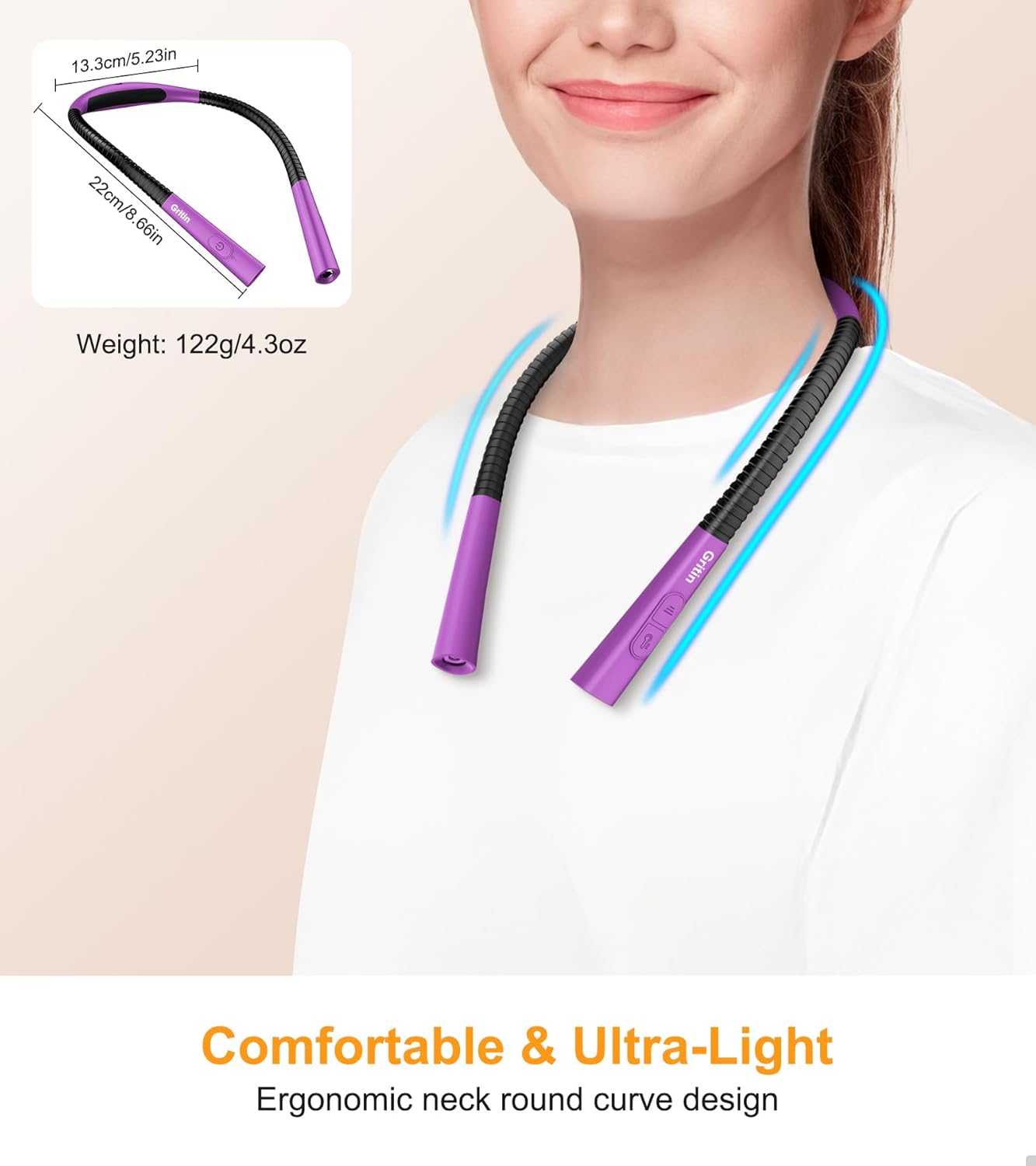 Gritin Book Light, Eye Caring 4-Color & 5-Brightness Neck Light Reading Light- Stepless Dimming,30-min Timer,80+ Hrs Runtime,Bendable Round Neck Design, Lightweight for Reading-Dark Purple