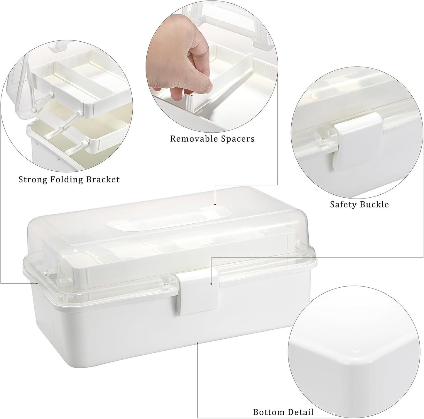 BTSKY 3-Layer Plastic Dividing Storage Box Craft Organizer with Adjustable Spacers Portable Handled Art Supply Organizer Multipurpose Home Utility Box for Medicine Box Sewing Box (Beige White)