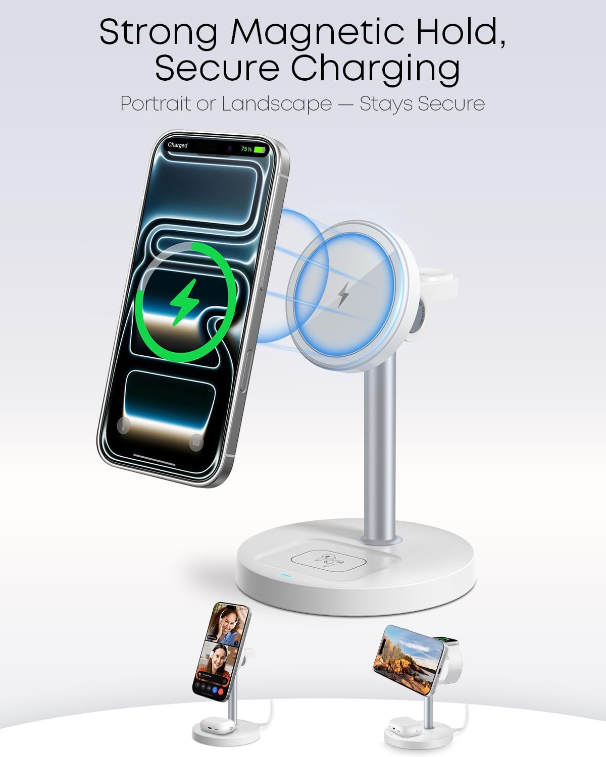 3 in 1 Magnetic Wireless Charging Station, 15W Charger for iPhone, White | Compatible with iPhone 12-17 Series, Apple Watch & AirPods, Charges 3 Devices Together, 18W Adapter Included, 3-Year Warranty