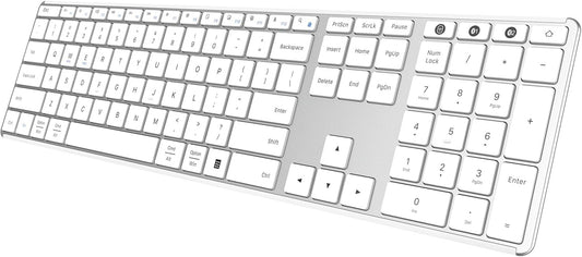 AUSDOM Full Size Bluetooth Keyboard, 2.4G Wireless Quiet Slim Keyboard, Multi Device Low Profile Silent Flat Keyboards with Numeric Keypad, Rechargeable Battery for Windows Mac iOS Computer, White