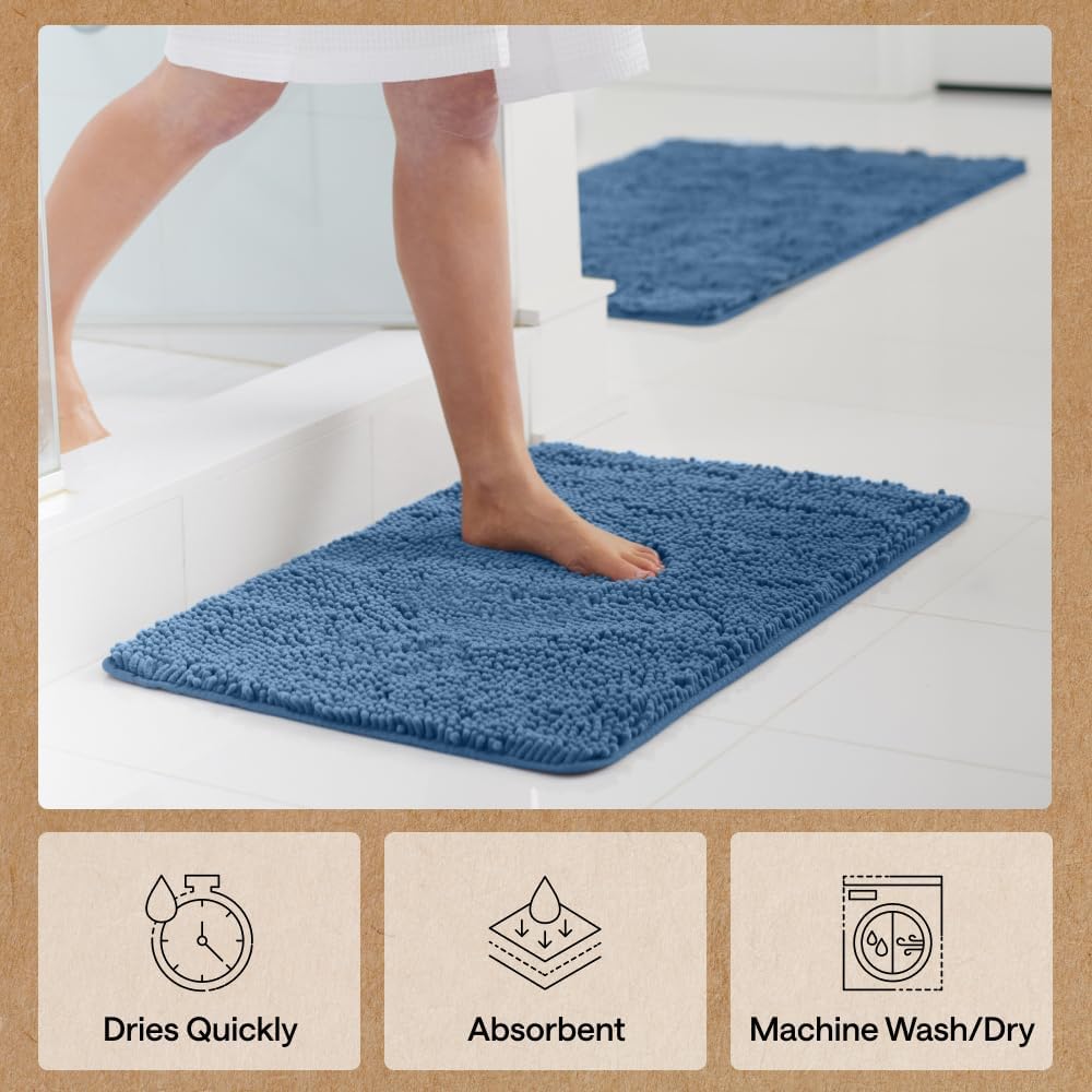 GORILLA GRIP Bath Rug Mat, Thick Soft Absorbent Chenille, Quick Dry Microfiber Mats, Rubber Backing Washable Shower Floor Rugs, US Designed Bathroom Bathmat Home Decor Accessories, 24x17, Blue