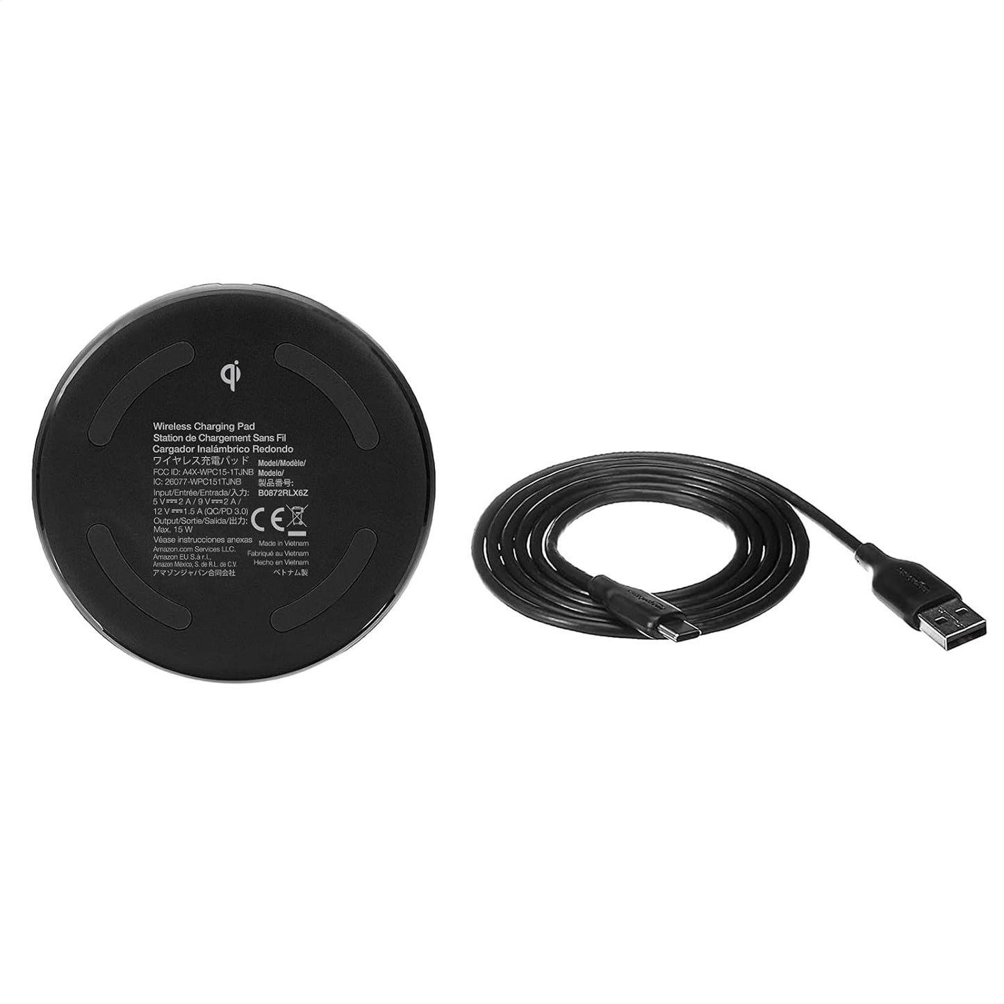 Amazon Basics Wireless Charger, 15W Qi Certified Wireless Charging Pad with USB Cable, Compatible with iPhone 15/14/13/12/11/X, Samsung & LG, Case Compatible, Black
