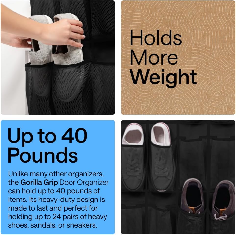 GORILLA GRIP Over the Door Shoe Organizer, 24 Large Breathable Mesh Pockets, Space Saving Hanging Storage Holder, Closet Rack Hanger Holds Up to 40 lbs, Hangs on Closets for Shoes, Accessories, Black