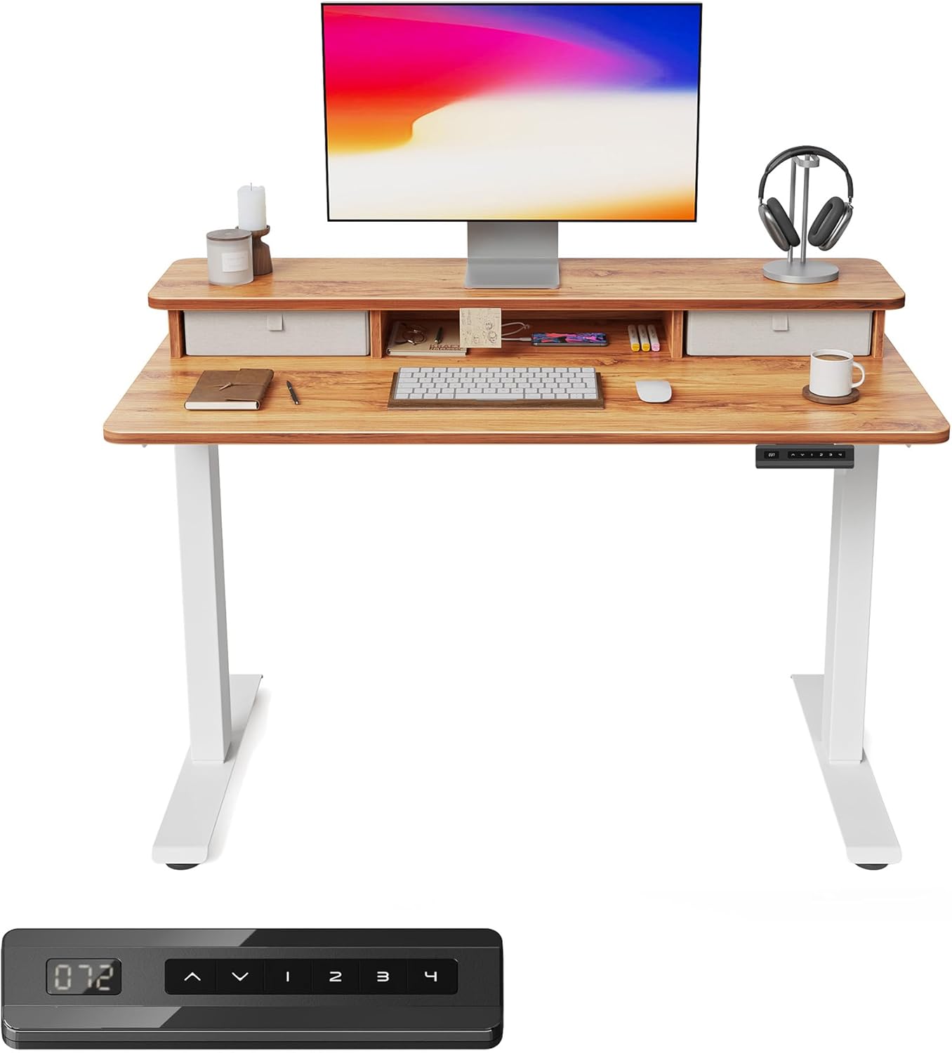 FEZIBO 48 x 24 Inch Whole-Piece Height Adjustable Standing Desk with Double Drawers, Sit Stand Desk, Stand Up Table (Send Two Packages), Light Rustic Top