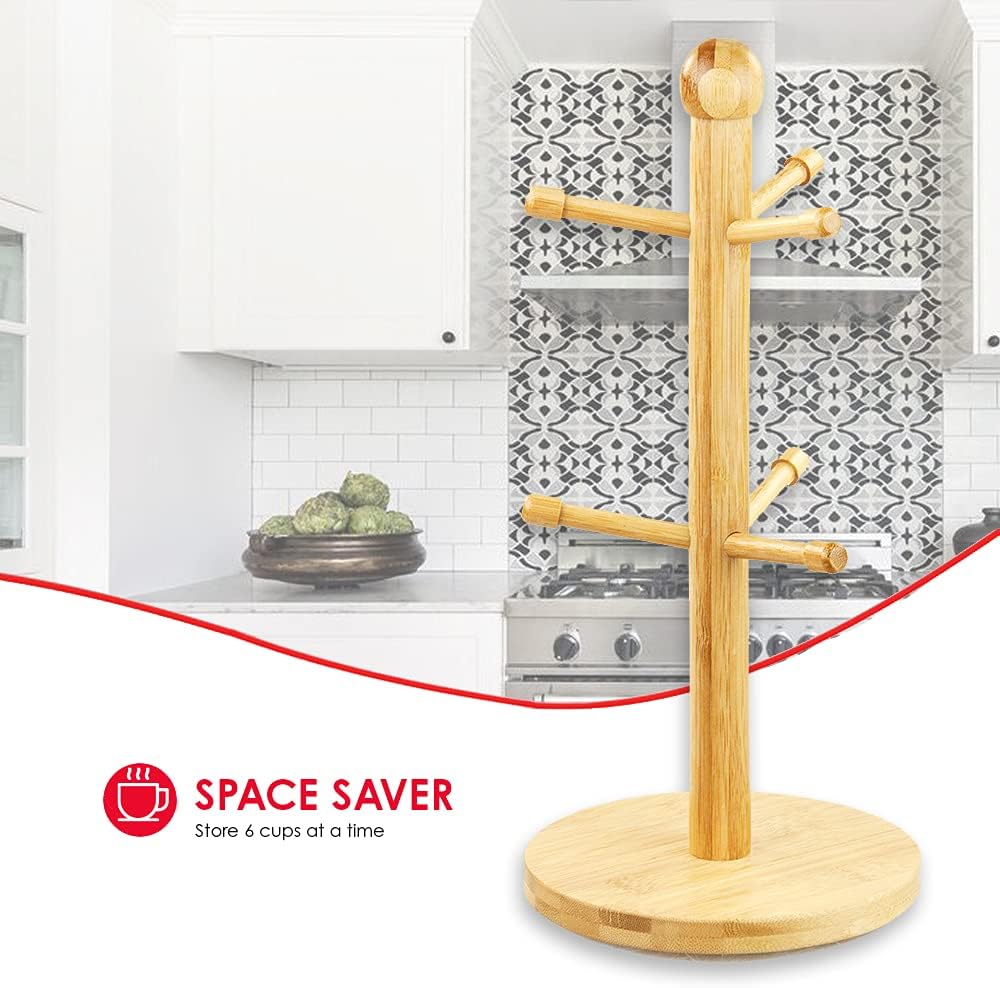 Home Basics Bamboo Mug Tree, Holds Up to 6 Coffee Cups, Free Standing, Circular Base, Kitchen Countertop, Beige (1)