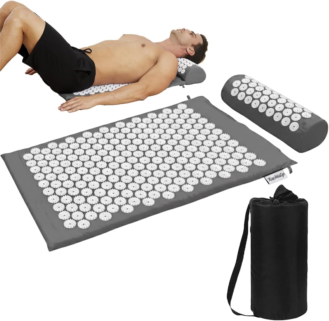 XiaoMaGe 47" Acupressure Mat and Pillow Set with Carry Bag (Gray)