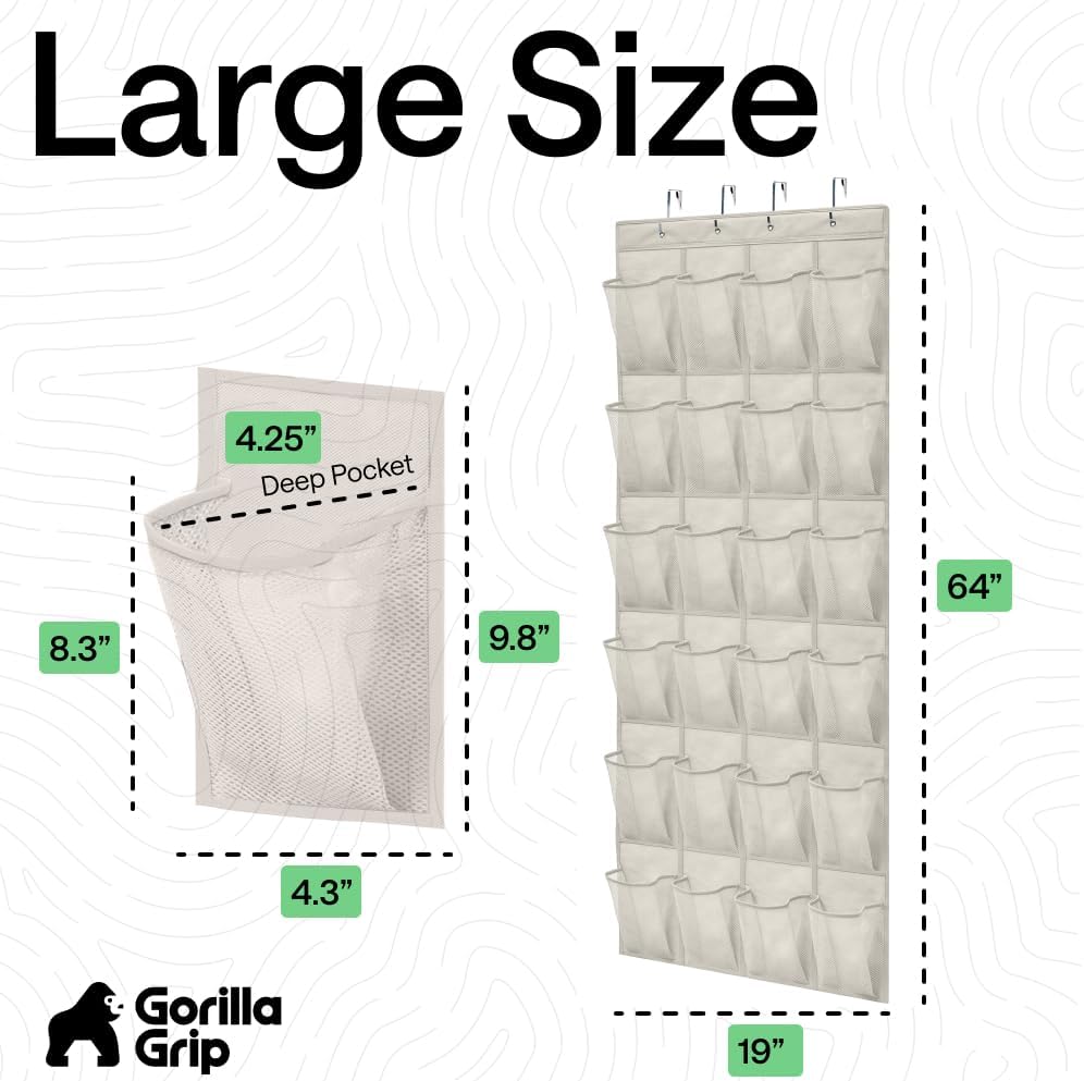 GORILLA GRIP Over the Door Shoe Organizer, 24 Large Breathable Mesh Pockets, Space Saving Hanging Storage Holder, Closet Rack Hanger Holds Up to 40 lbs, Hangs on Closets for Shoes, Accessories, Linen