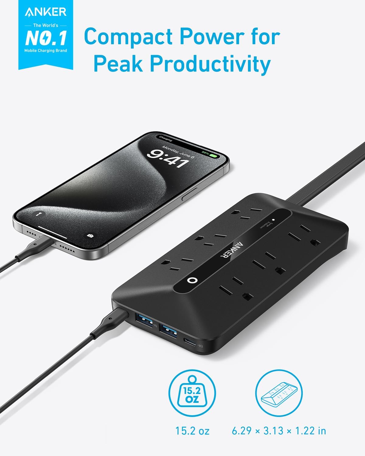 Anker Power Strip with 300J Surge Protector, Flat Plug Extension Cord with Multiple Outlets, 6 AC, 2 USB A & 2 USB C Ports for 20W, 5ft Outlet Extender, Dorm Room Essentials, Home Office