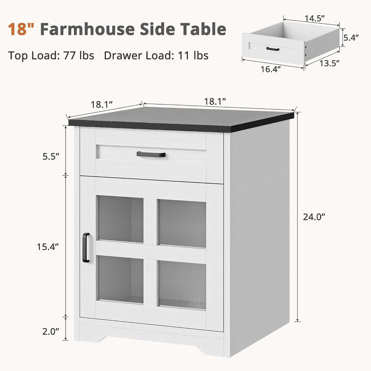 Farmhouse 18'' End Table, Narrow Sofa Side Table with Drawer and Barn Door, Wooden Nightstand Storage Cabinet for Living Room and Bedroom