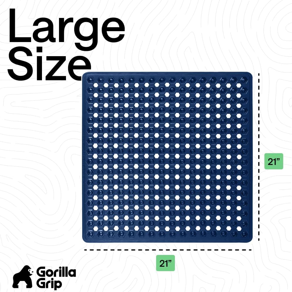 GORILLA GRIP Patented Square Shower Stall Mat, Small Bathtub Floor Mats for Stand Up Showers, Suction Cups and Drainage Holes, Machine Wash, Soft on Feet, Bathroom Accessories 21x21 Inch, Navy Blue