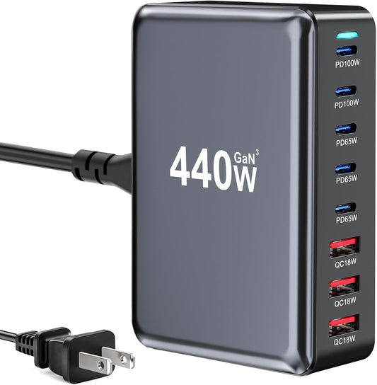 440W USB C Fast Charger Block, Multi-port USB Charging Station, GaN Ⅲ Double 100W PD PPS Port Fast Charging Station for Multiple Devices,Laptop Wall Charger Compatible with MacBook, iPhone 17,iPad etc