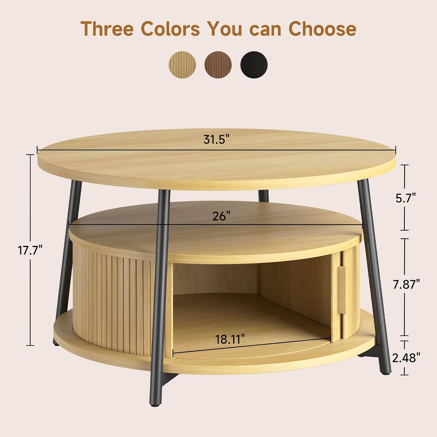 ONBRILL 31.5" Round Coffee Table with Storage and 2 Tiers, Oak | Mid-Century Modern Center Table with 2 Sliding Doors and Adjustable Footpad for Living Room