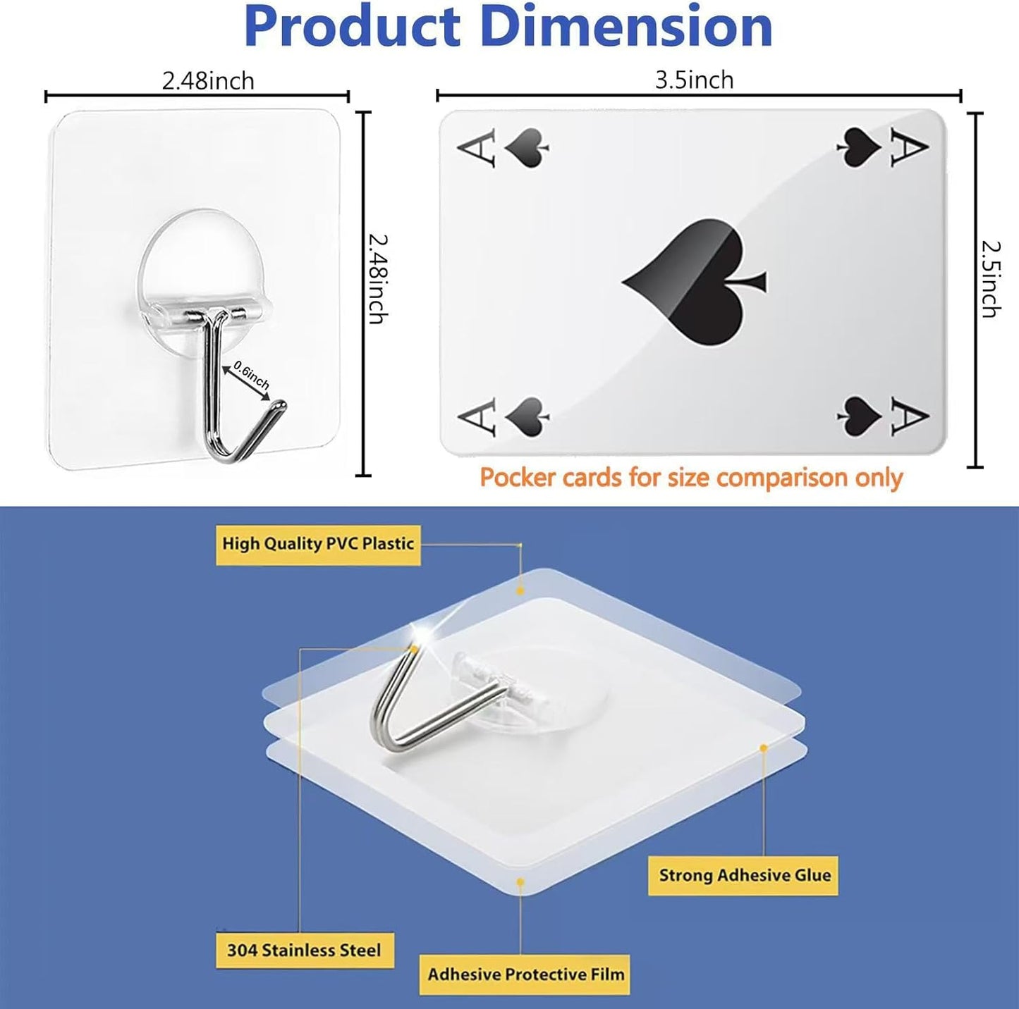JINSHUNFA Adhesive Wall Hooks 13LB Heavy Duty No Drill Transparent Waterproof Hooks for Bathroom Kitchen Towel Coat 12 Pack