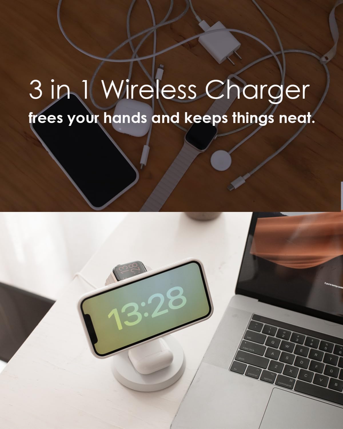 Wireless Charger,3 in 1 Charging Station,15W Phone Charger Stand | Compatible with Mag-Safe Charger for iPhone 17/16/15/14/13/12 Series, Apple Watch, AirPods (Adapter Included)