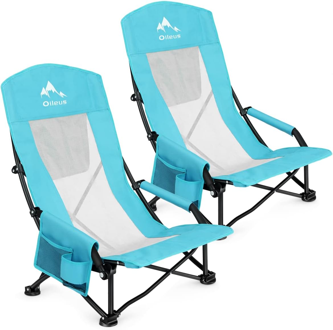 Oileus Folding Portable Beach Chair, High-Back Low-Seat Lightweight Chair for Beach Tents, Shelters, and Camping, Full Mesh Backrest | Cup Holder | Storage Bag | Carrying Bag | 2 Armrests