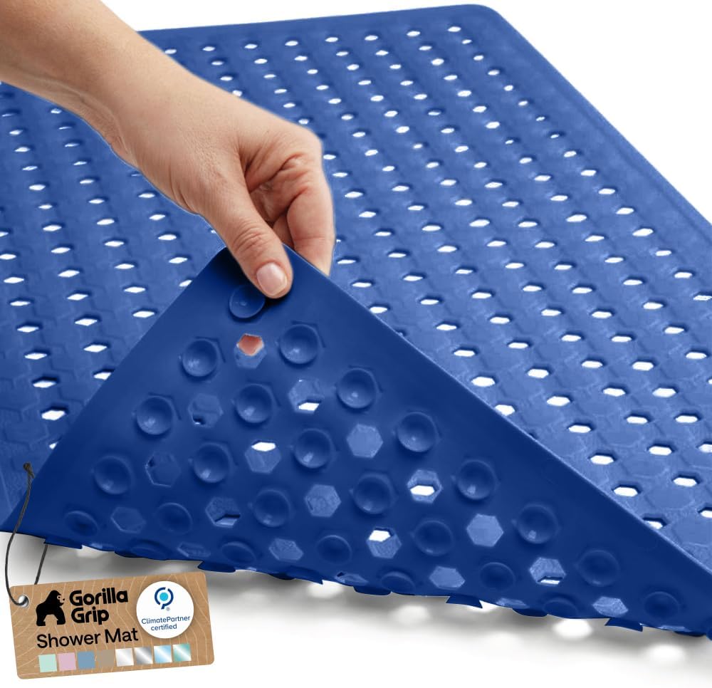 GORILLA GRIP Patented Bath Tub Shower Mat, Machine Washable Bathtub Floor Liner Mats, Suction Cups and Drain Holes to Keep Tubs Clean, Soft on Feet, Bathroom Essentials, 35x16 Inch, Royal Blue Opaque