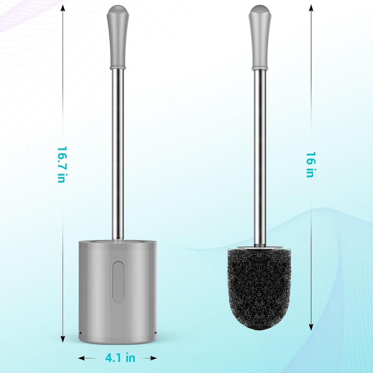 Toilet Brush and Holder Set, 2 Pack with Stainless Steel Handle Toilet Bowl Brush, Compact Toilet Scrubber Brush for Deep Cleaning Bathroom Restroom, Easy to Assemble-Grey