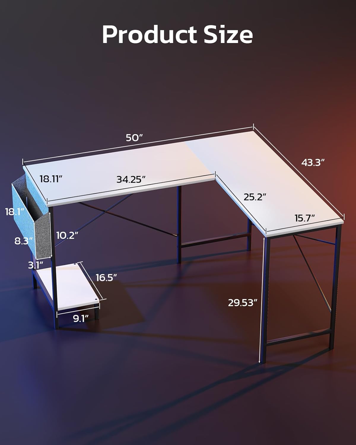 L Shaped Desk Gaming Computer 50 Inch Reversible Corner Table PC Work Table for Writing Study Student with Wood Tabletop Metal Frame CPU Stand Side Bag for Home Office Small Place