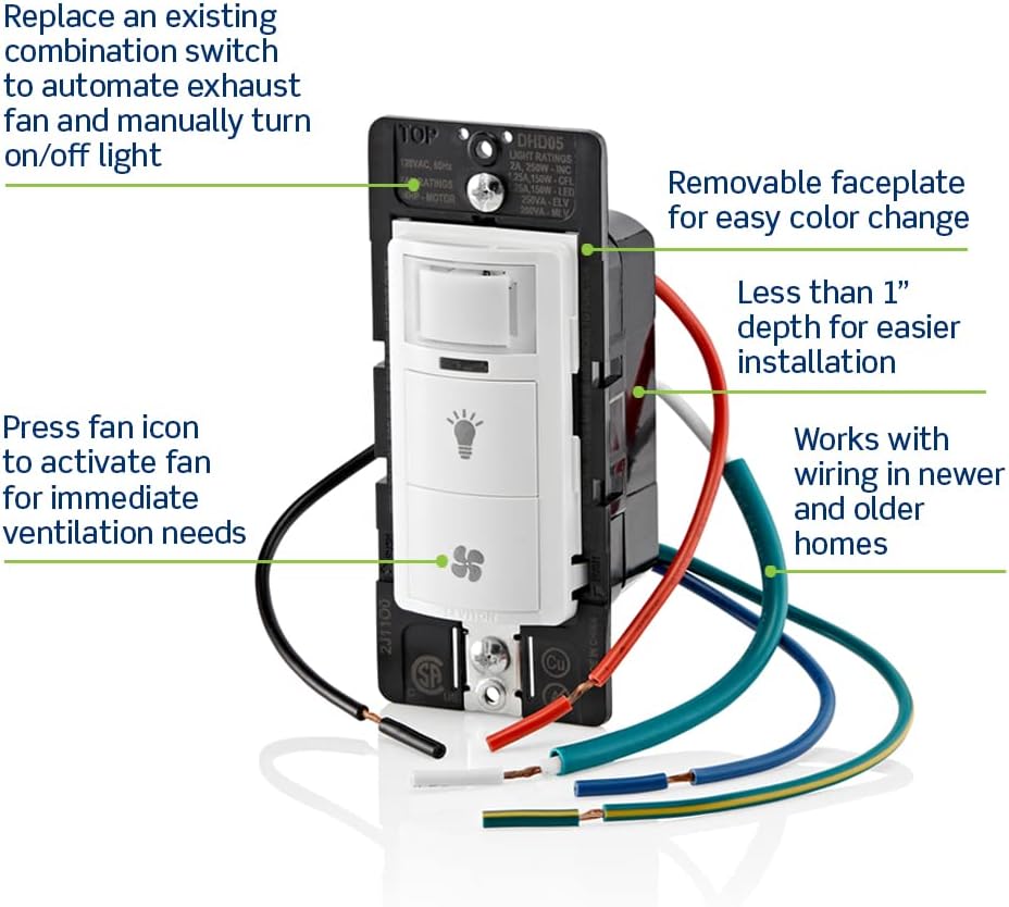 Leviton Dual Combination Humidity Sensor with Separate Light Switch, Automate Bathroom Exhaust Fan, Air Circulation, Moisture Control, Single Pole/Single Pole, ¼ HP, DHD05-1LW, White