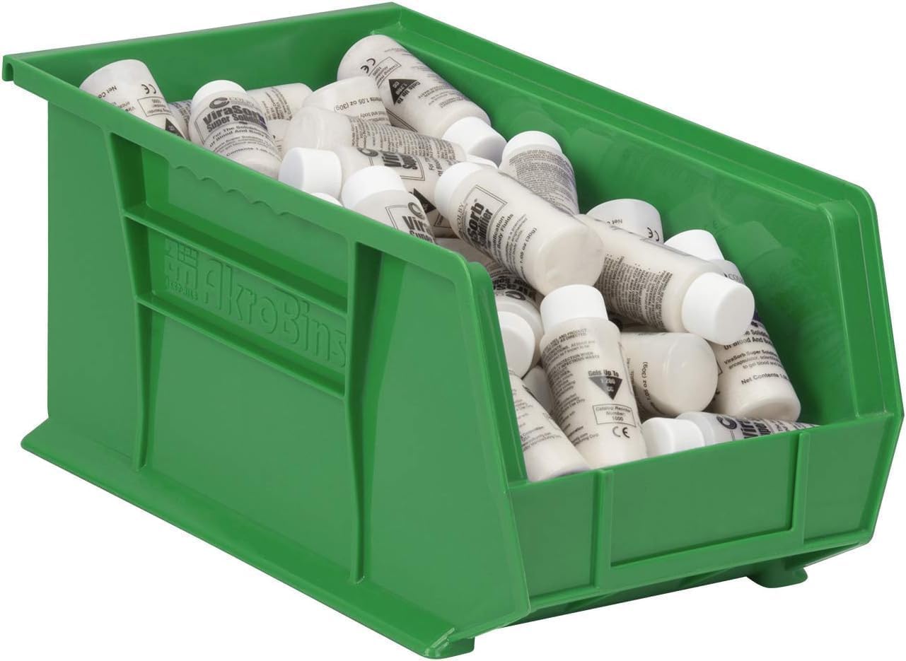 Akro-Mils 30240 AkroBins Plastic Storage Bins, 15"x8"x7", Green, 12-Pack | Space-Saving Stackable Bins for Garage, Pantry, Craft Organization