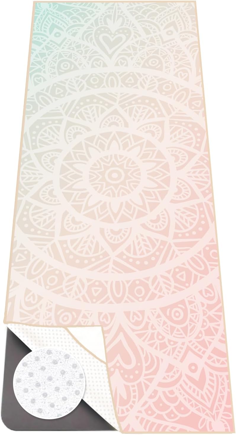 Hot Yoga Towel with Grip Dots, Non Slip, 74"x26", Pink Mandala