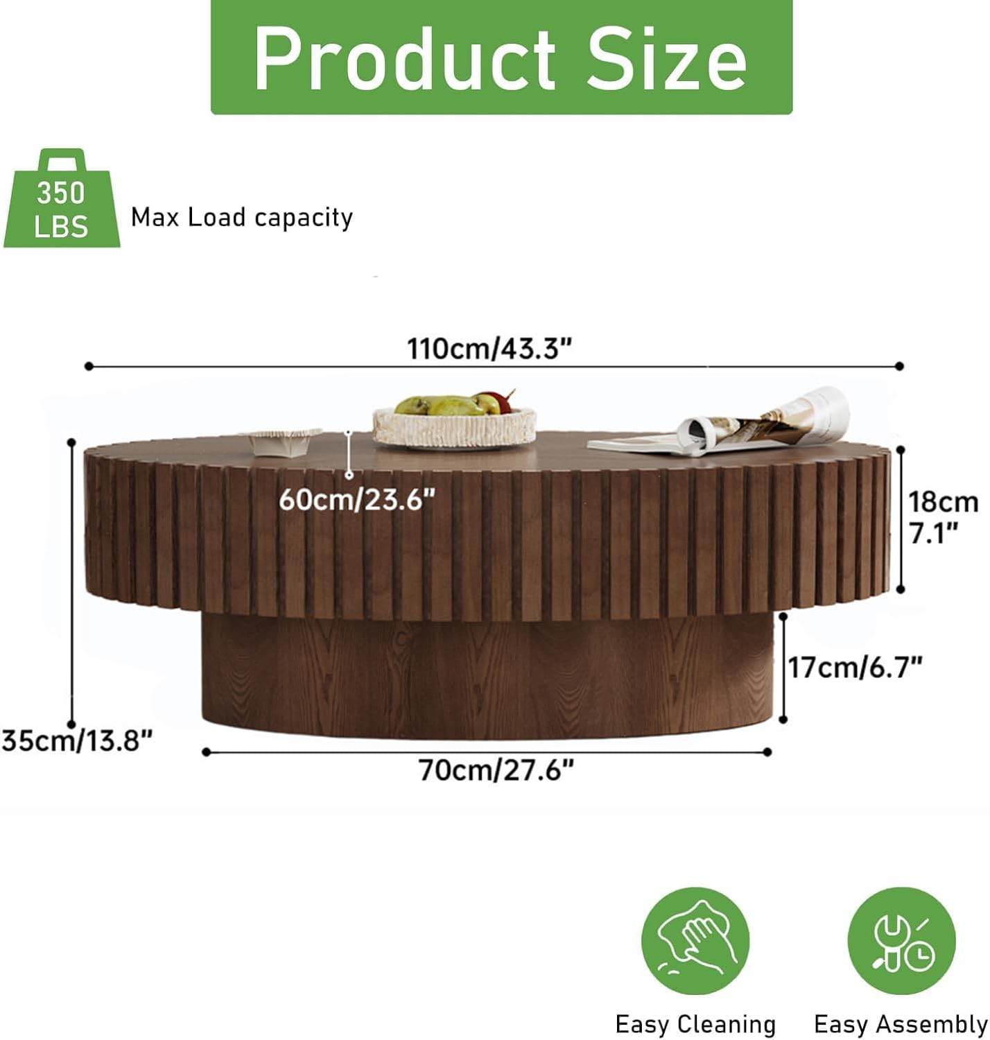 Modern Oval Coffee Table for Living Room (Oval Dark Brown) | Drum Oval Fluted Coffee Table, Pedestal Center Table for Office Patio