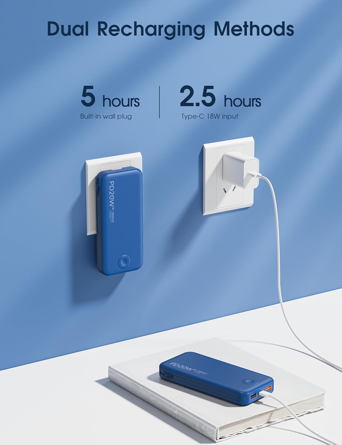 Nusyddy Portable Charger, 10000mAh PD20W Fast Charging Power Bank with Built-in Cables & Wall Plug, Travel Essentials External Battery Pack, USB C Battery Phone Charger for iPhone, iPad, Samsung Navy