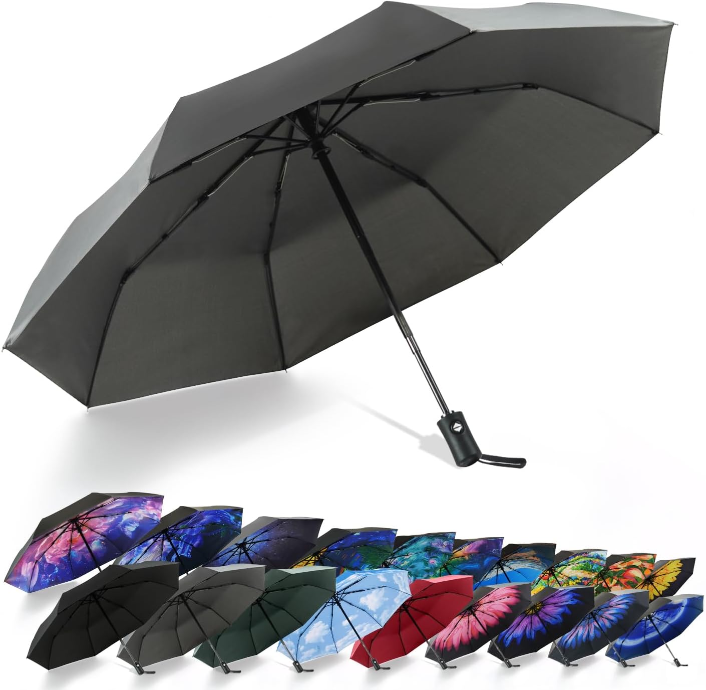 SY COMPACT Travel Umbrella - Windproof Automatic Compact Umbrella for Rain, Lightest 8-Rib, Small, Strong & Portable, Durable Grip, Fits Backpack & Car, Factory Direct (UV Available)
