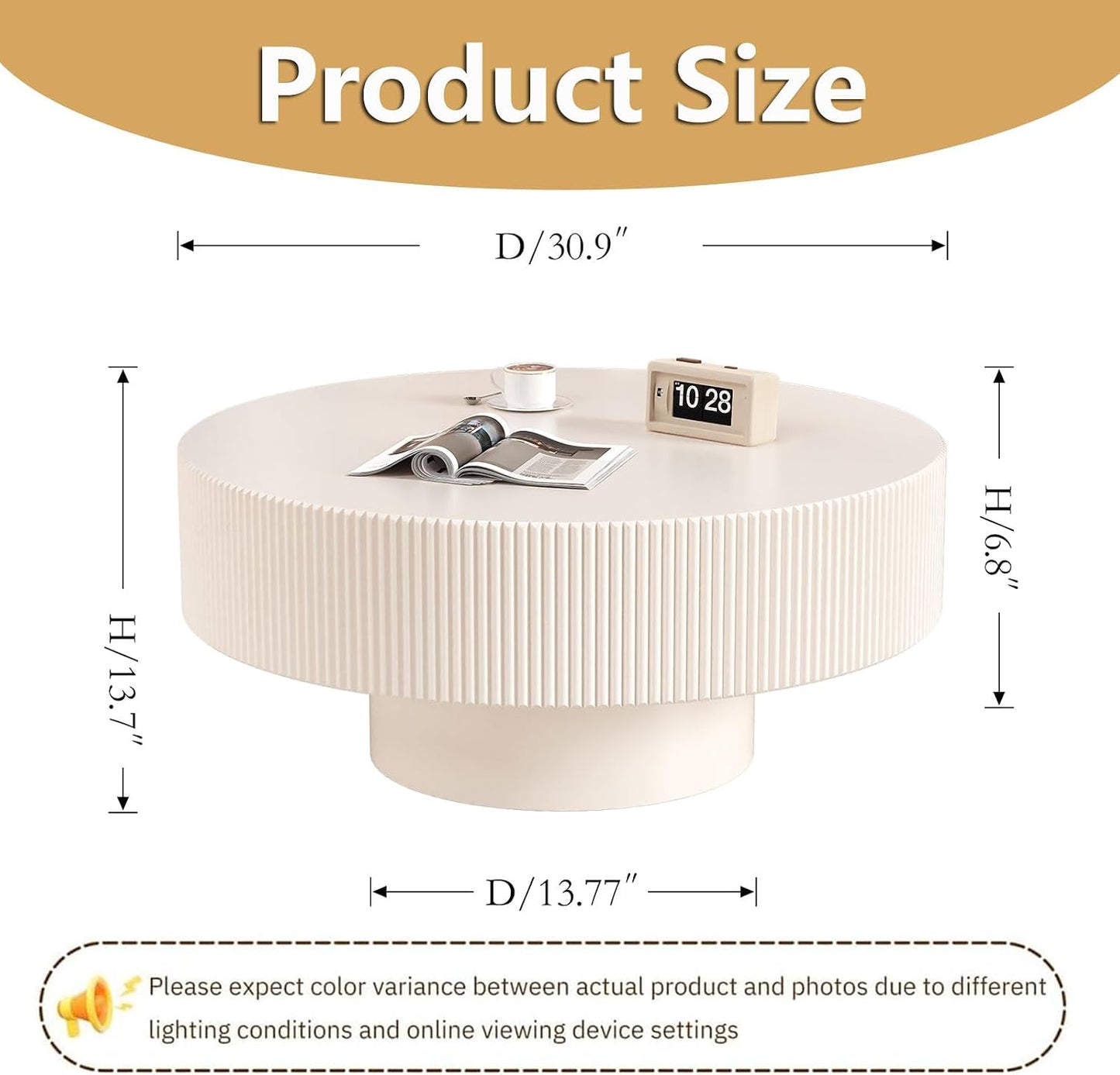 30.9" Round Drum Fluted Coffee Table (A) | Mid-Century Modern, Easy Assembly, Sturdy Pedestal, Center Tables for Apartment Living Room