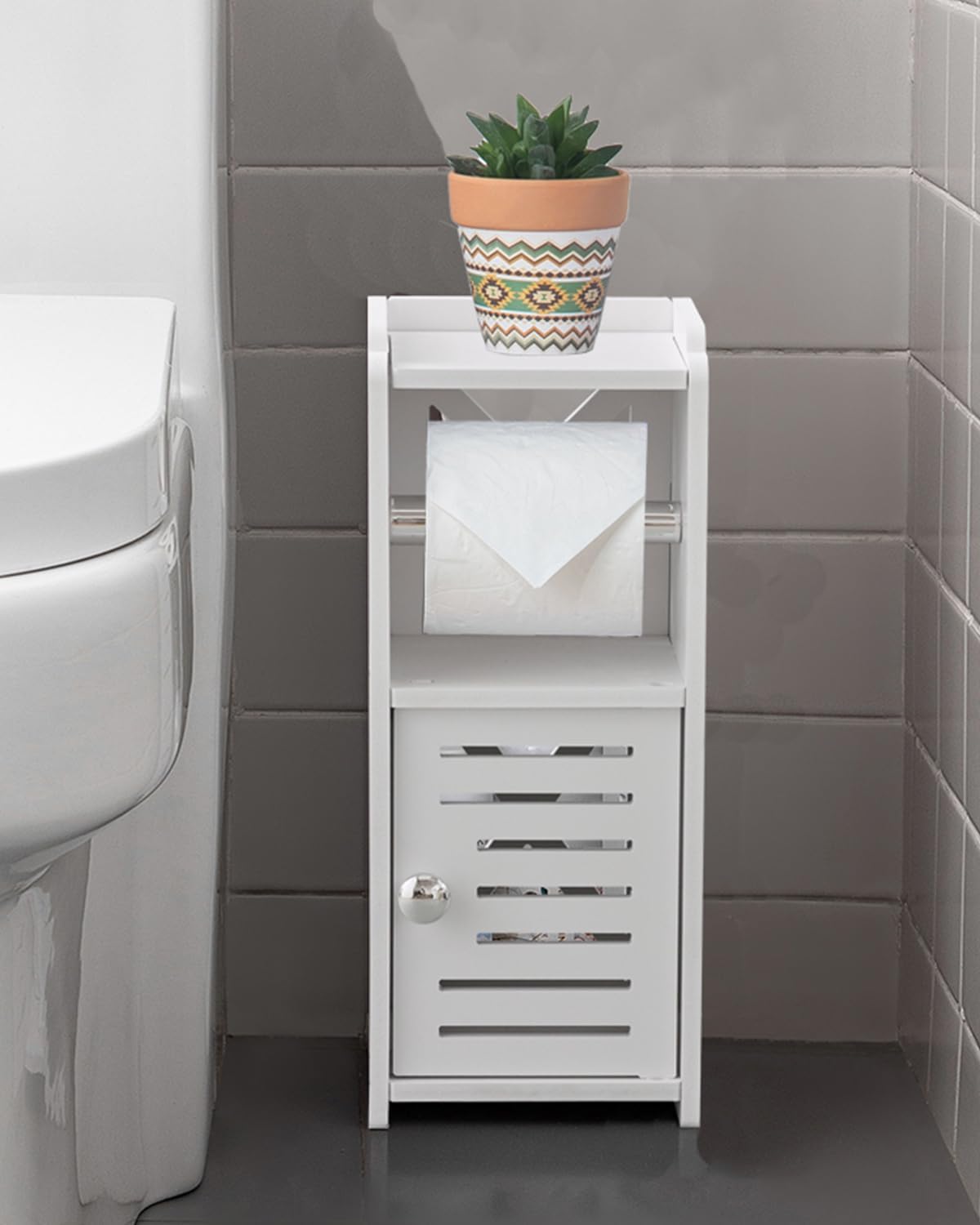 AOJEZOR Toilet Paper Holder Stand: No Drill PVC Small Bathroom Cabinet for Apartment Dwellers - Rental Deposit Protection - Small Space Storage Saving