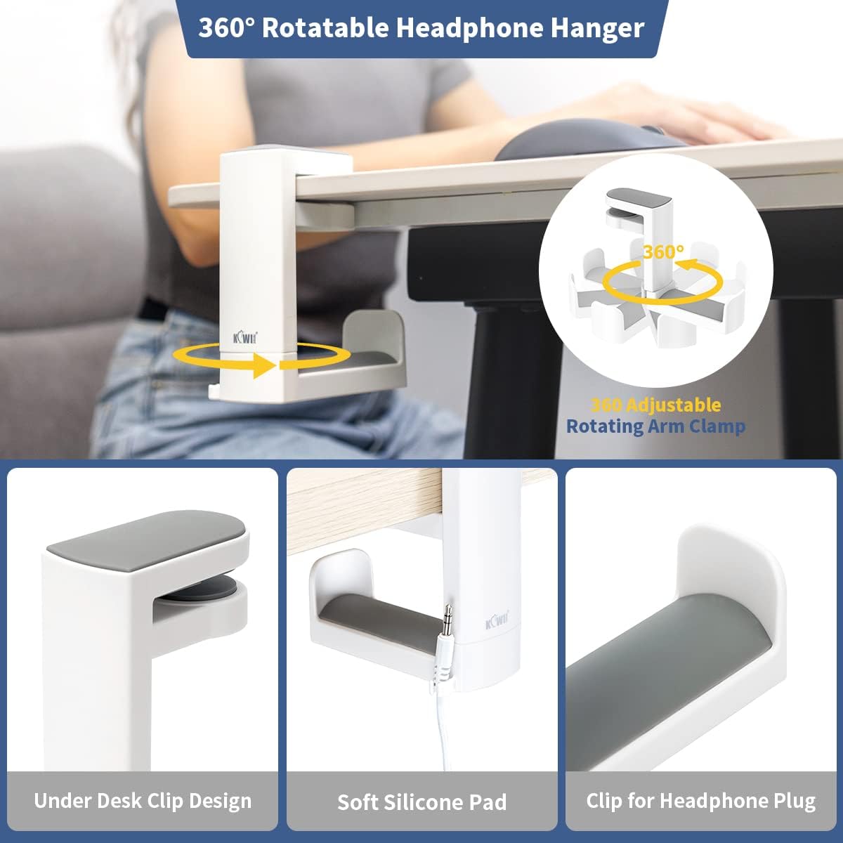 KIWIFOTOS Headphone Stand Holder Under Desk, PC Gaming Headset Hook Hanger Mount with 360 Adjustable Rotating Arm Clamp & Built in Cable Clip - White