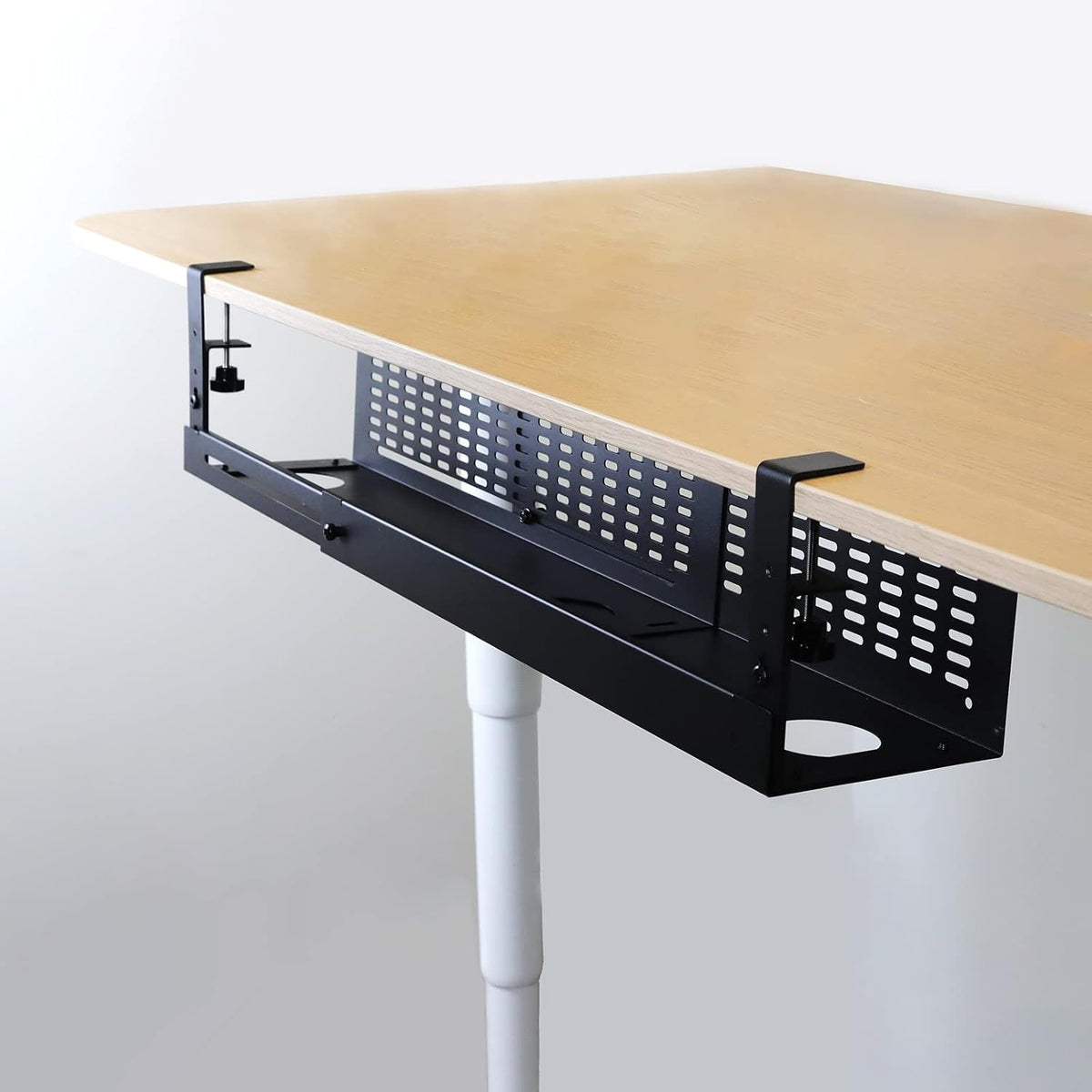 AEONS Under Desk Cable Management Tray Kit - Horizontal Adjustable up to 41” Removable C Clamp Mount Reversible Computer Cord Raceway and Modesty Panel for Large Table, Black