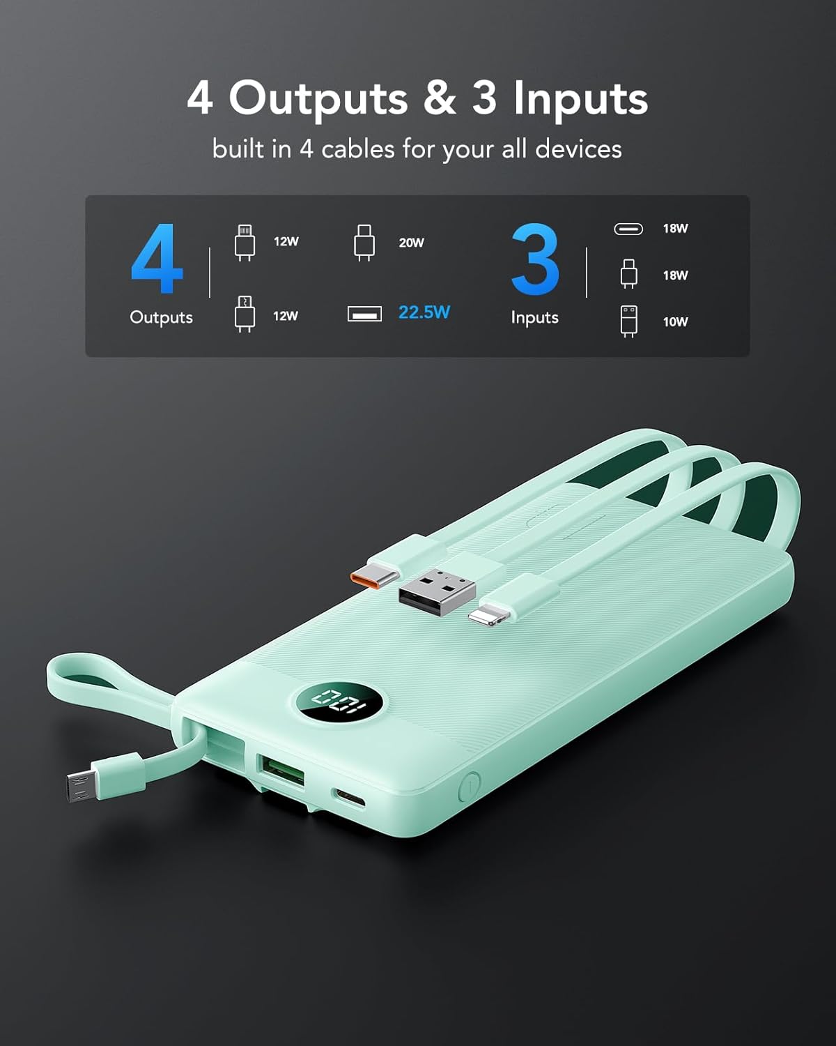 VRURC Portable Charger, 22.5W Fast Charging Power Bank Built‑in 4 Cables, 10000mAh Slim Lightweight Travel Battery Pack for iPhone, Samsung & Multi Devices, Pocket‑Friendly with Lanyard-Green(1 Pack)