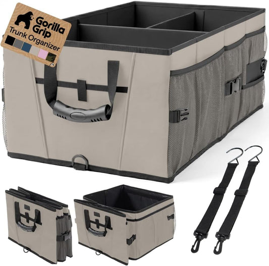 GORILLA GRIP Trunk Organizer for SUV and Cars, Large Capacity Collapsible Car Trunk Storage Organizer, Heavy Duty Car Accessories, Gifts for Mom and Dad, Slip & Water Resistant Multi Compartment Beige