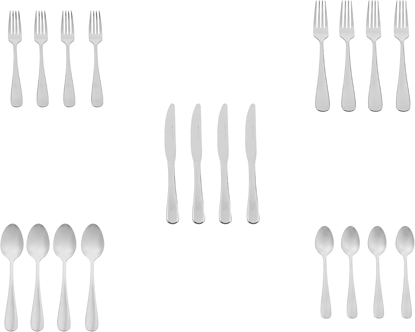 Amazon Basics Silverware Set, Stainless Steel Flatware, Dishwasher Safe, Service for 4, 20-Piece Forks and Spoons, Round Edge, Everyday Use