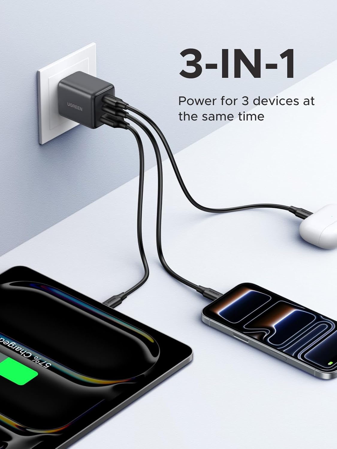 UGREEN 3-Port 30W USB C Charger, GaN II Compact iPhone Charger Fast Charging, Type C Power Adapter for iPhone 17/16/15 Series, Galaxy S26/S25/24, iPad, MacBook Neo/Air, Matt Black